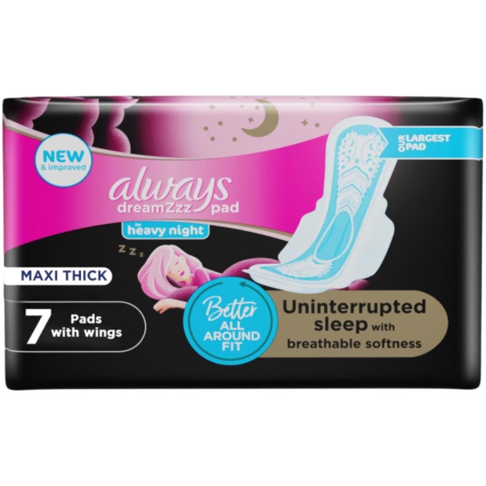 Always Dreamzz Pad Cotton Soft Maxi Thick, Night Long Sanitary Pads W/ Wings 7 Count