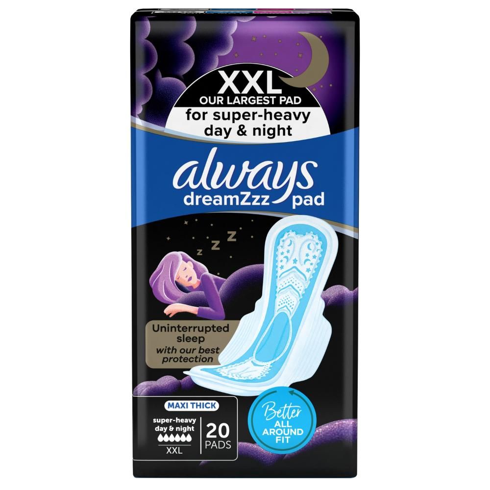 Always Dreamzz Pad Clean & Dry Maxi Thick, Night Long Sanitary Pads W/ Wings 20 Count