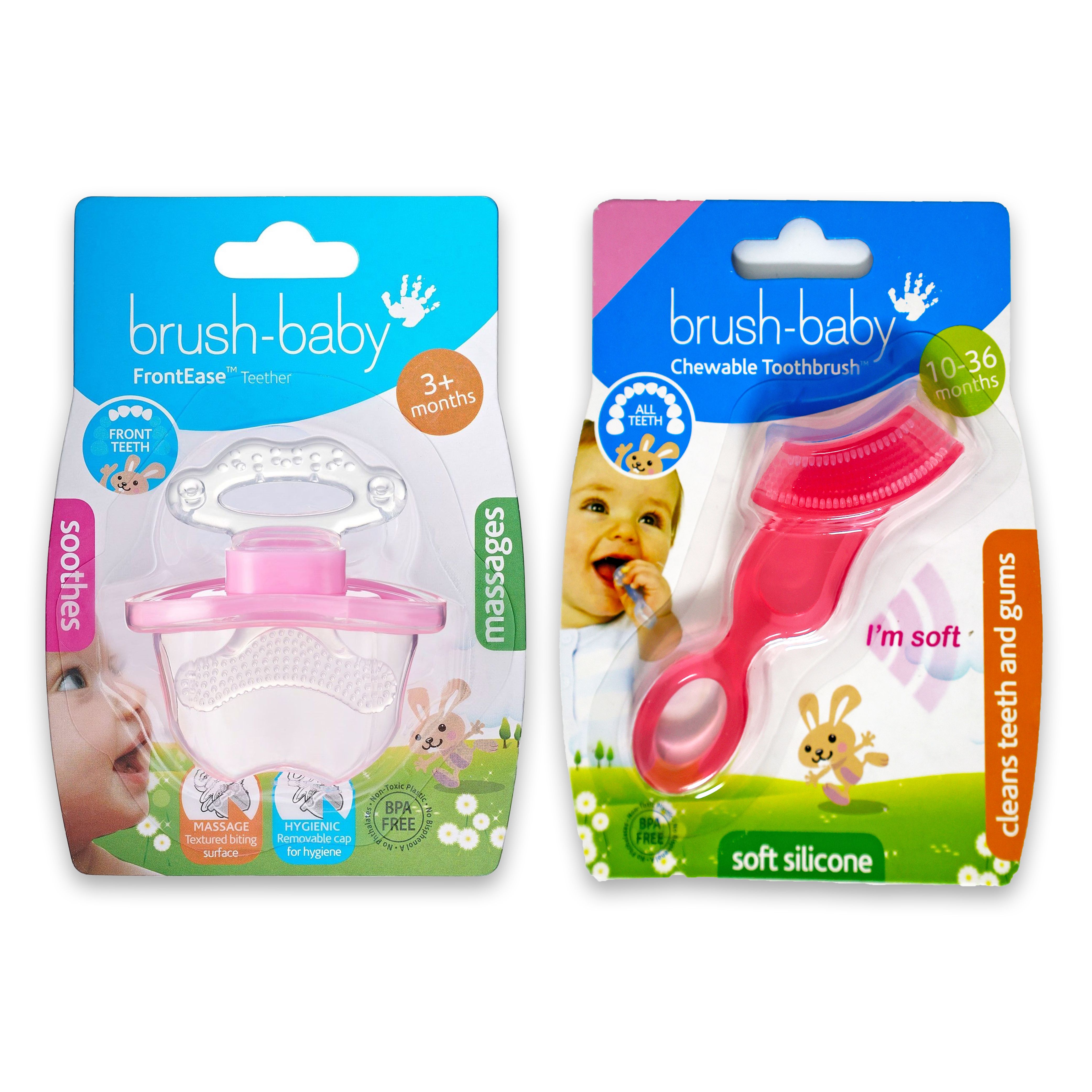 Brush Baby - Soft Teether Brush + Front-ease Teether - Pink