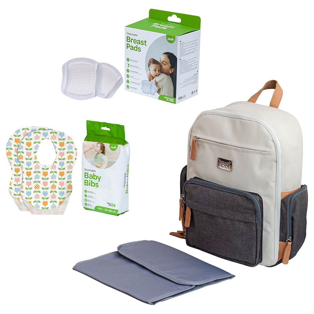 Moon - Rocco Diaper Backpack w/ 36pcs Disposable Breast Pads & 24pcs Baby Bibs