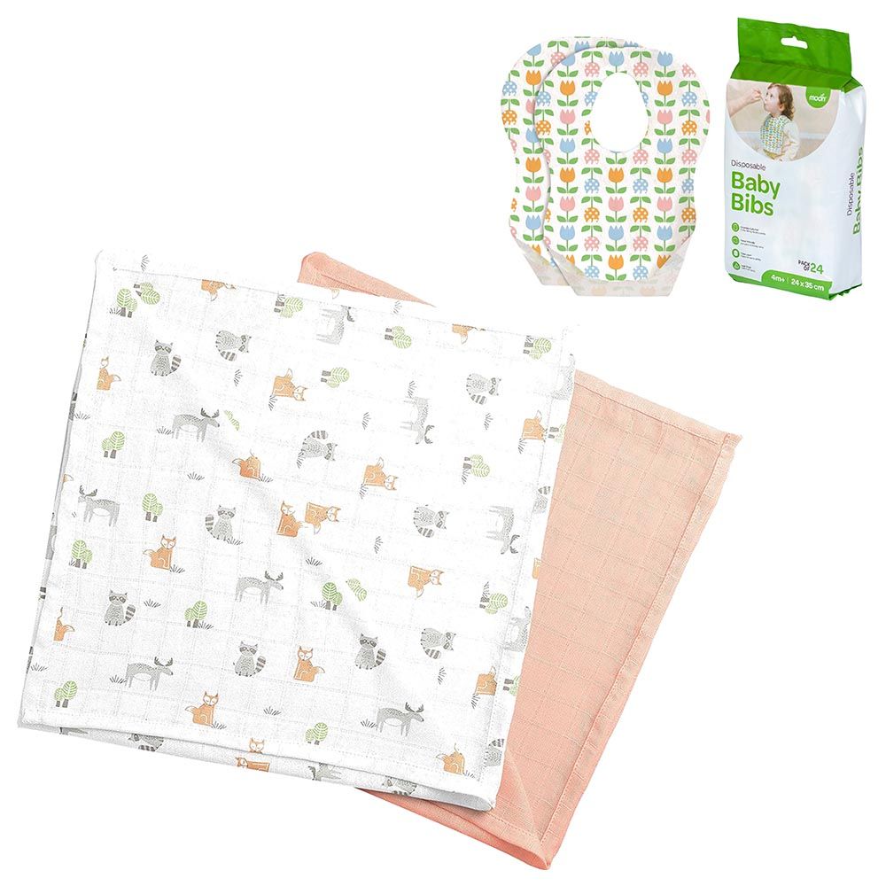 Moon - Forest Printed Muslin Wraps w/ Disposable Baby Bibs