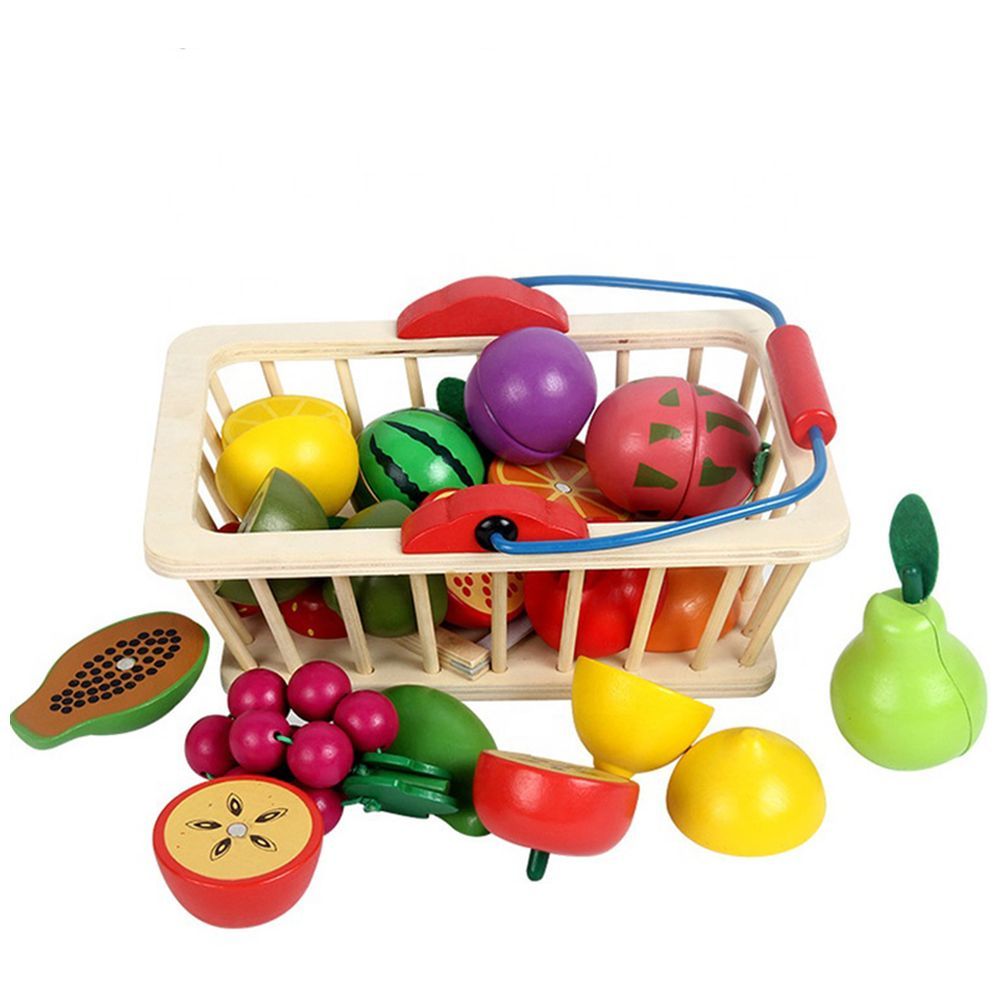 Little Angel - Kids Wooden Toy Fruits & Vegetables In Basket Set