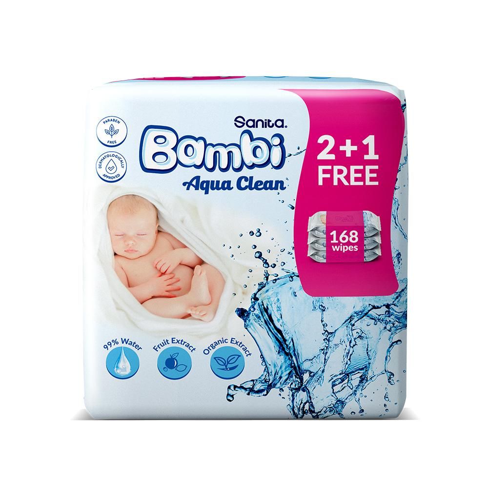 Sanita Bambi - Baby Wet Wipes Aqua Clean -Pack of 3 - 168 Wipes