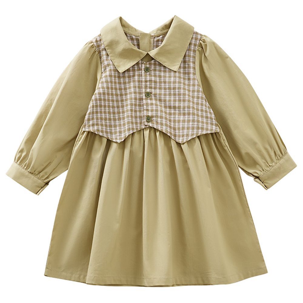 Sugar Rush - Checked Classic Full Sleeves Casual Dress - Khaki