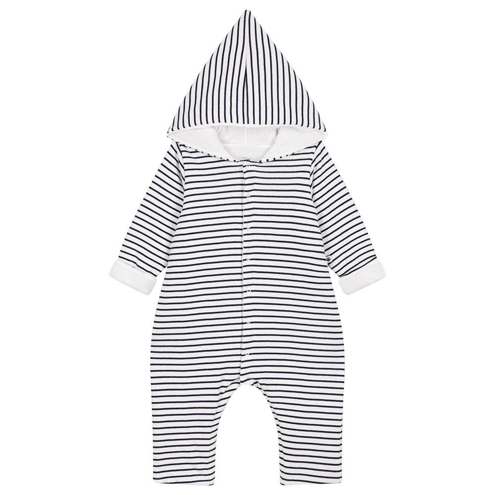 Petit Bateau - Baby's Quilted Cotton Hooded Jumpsuit - White/Blue