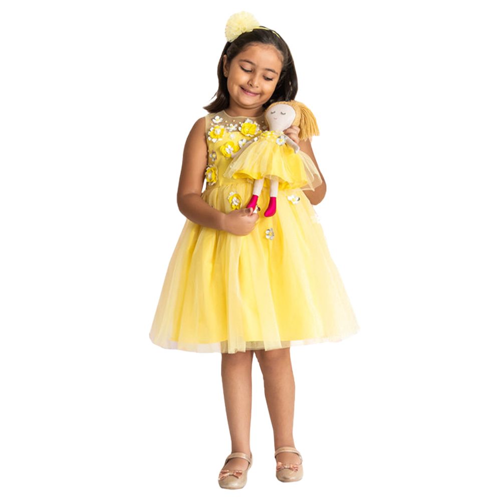 A Little Fable - 2Pc-Set - Marigold 3D Flower Dress & Doll - Yellow