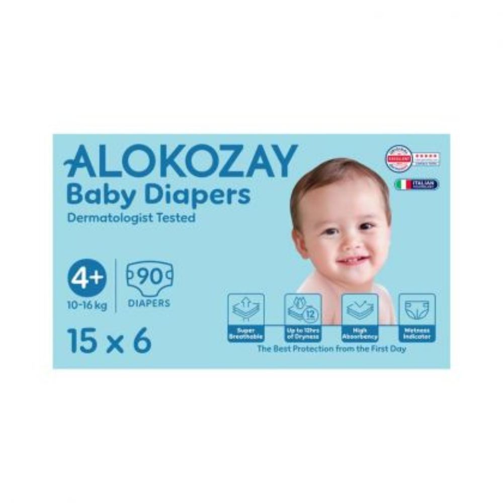 Alokozay - Premium Baby Diapers 10-16kg Size 4+ - 15pcs - Pack of 6