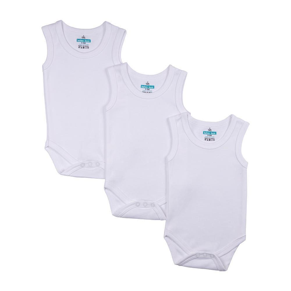 Babies Basic - 3pc-Set - Cotton Sleeveless Bodysuit - White