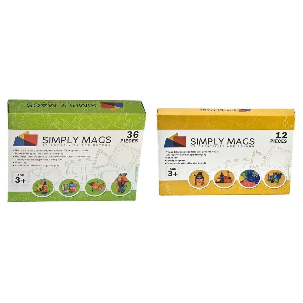 Simply Mags - Vivid Magnetic Tiles - 36pcs w/ Magnetic Blocks - 12pcs