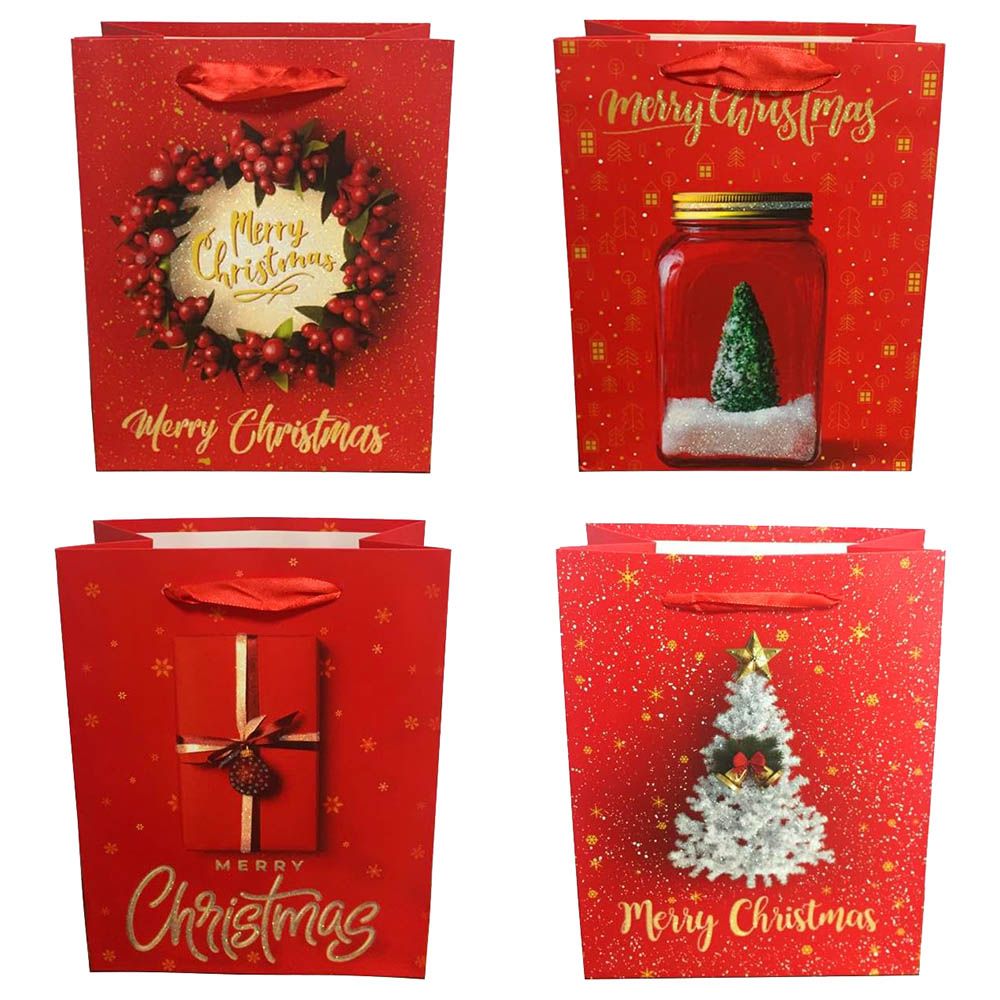 Brain Giggles - Christmas Gift Bag w/ 4 Designs - 12pcs - 18x23x10 Cm - Red