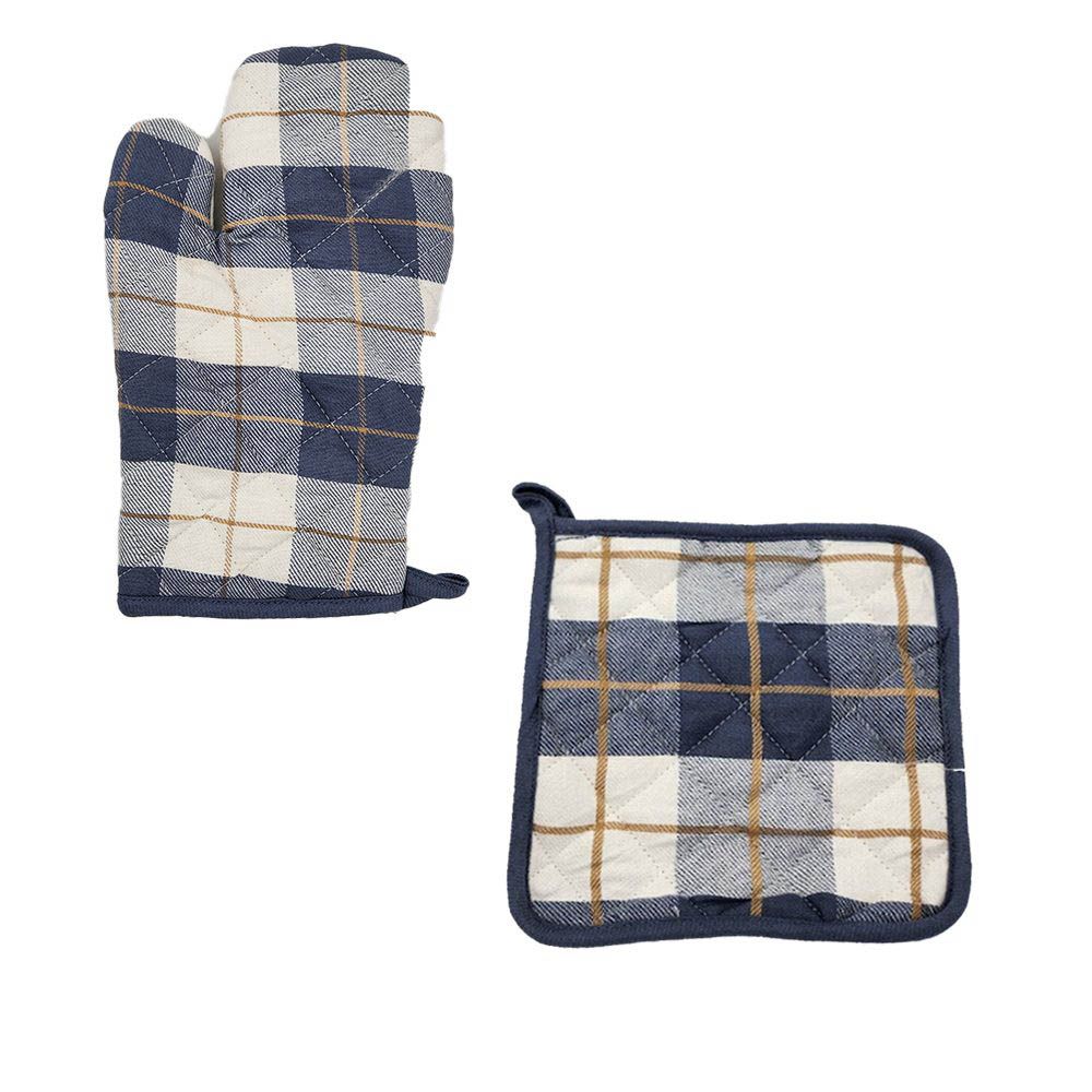 BYFT - Orchard Checkered Glove And Pot Holder - Denim Blue/Caramel - 2pcs