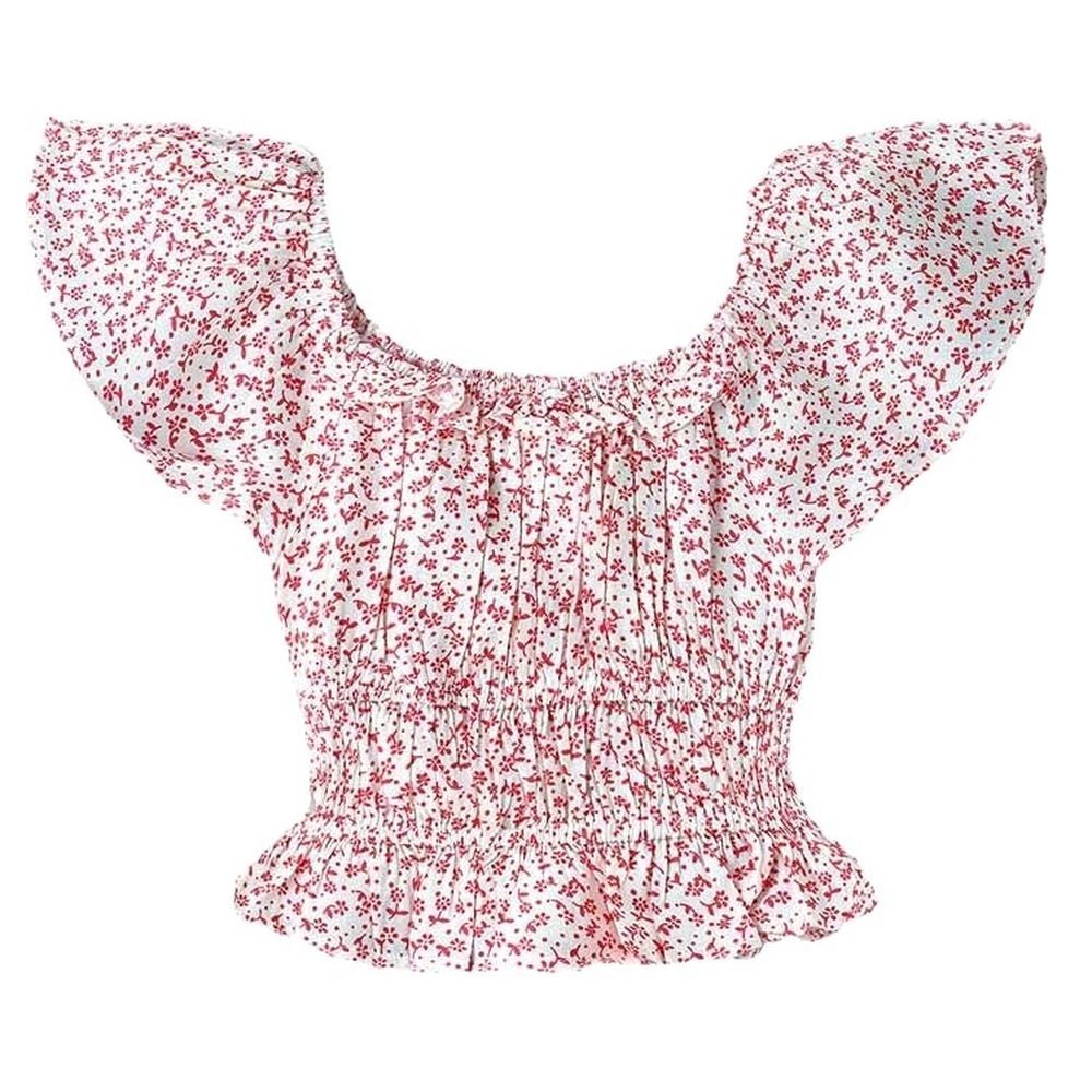 Jelliene - Flower Print Woven Blouse - Pink