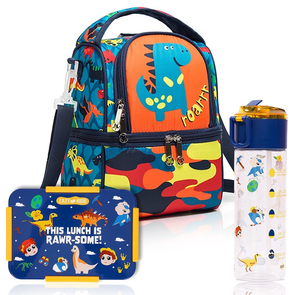 Eazy Kids - Lunch Bag & Activity Backpack - 3pcs - Dinosaur Blue