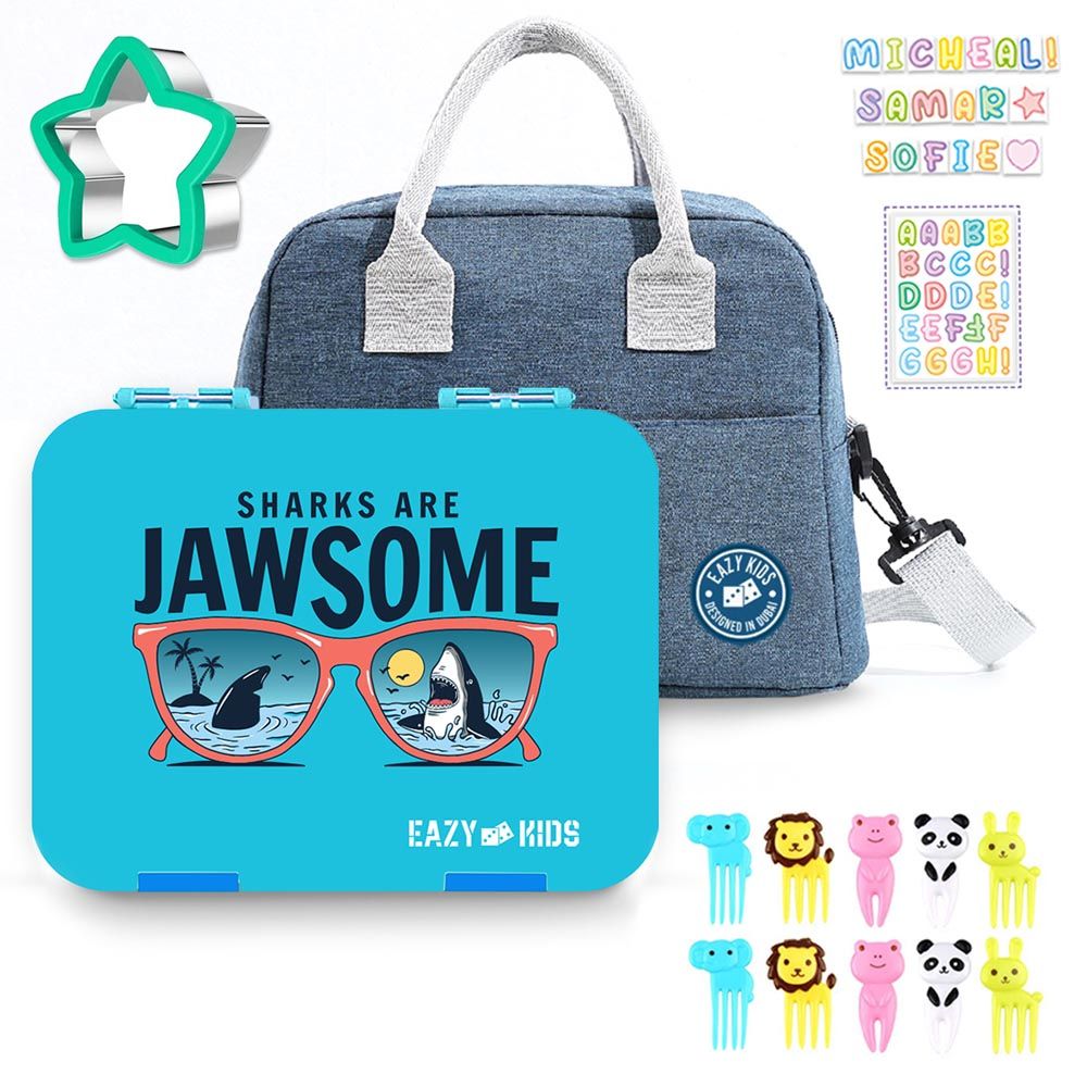 Eazy Kids - 6 Compartment Bento Lunch Box w/ Lunch Bag - Jawsome Blue