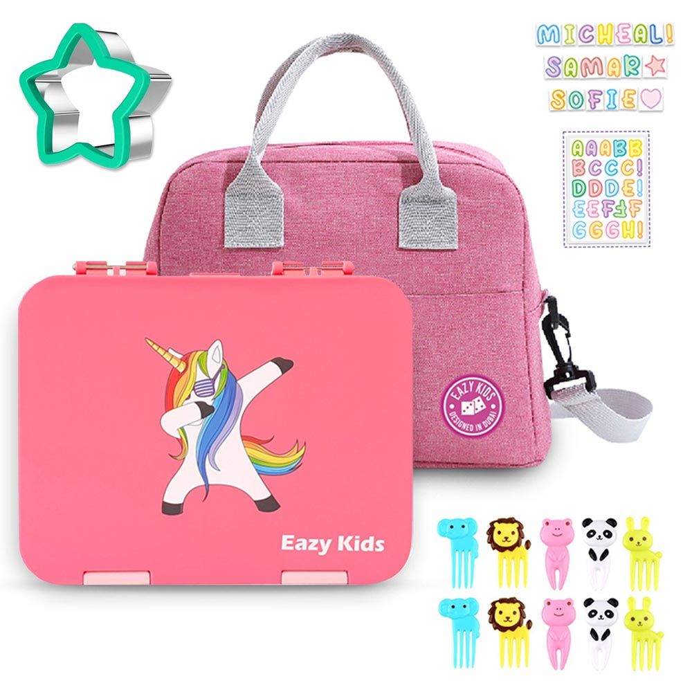 Eazy Kids - 6 Compartment Bento Lunch Box w/ Lunch Bag - Unicorn Pink