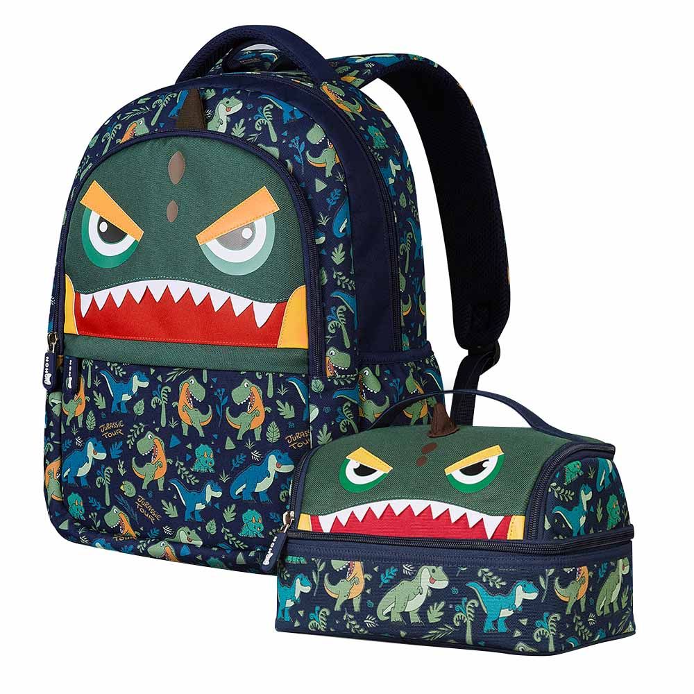 Nohoo - Dino School Backpack With Lunch Bag - Green - 16-inch