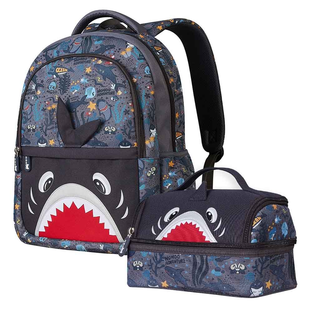 Nohoo - Shark School Backpack With Lunch Bag - Grey - 16-inch