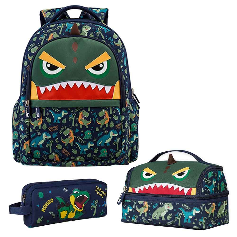 Nohoo - Dino Backpack With Lunch Bag And Pencil Case - Green - 3pcs - 16.15-Inch