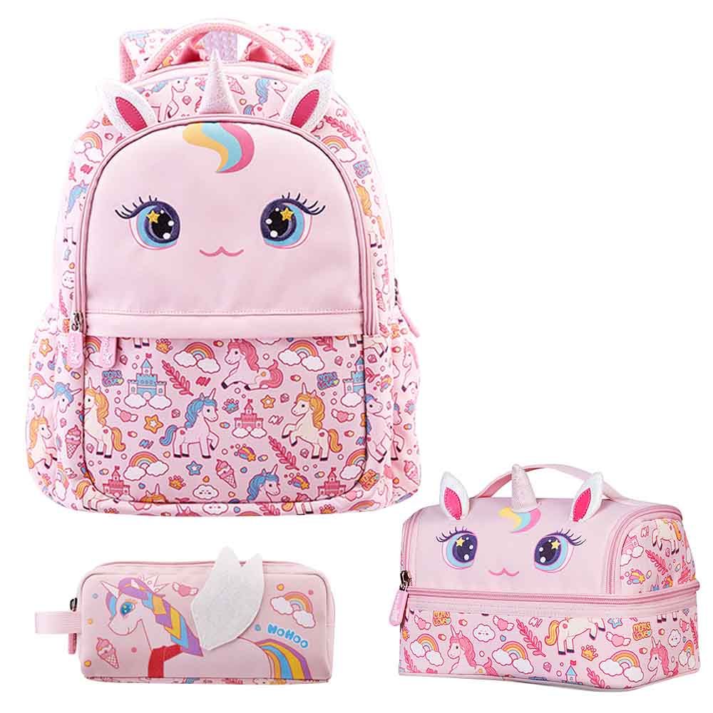 Nohoo - Unicorn Backpack With Lunch Bag And Pencil Case - Pink - 3pcs - 16.15-Inch