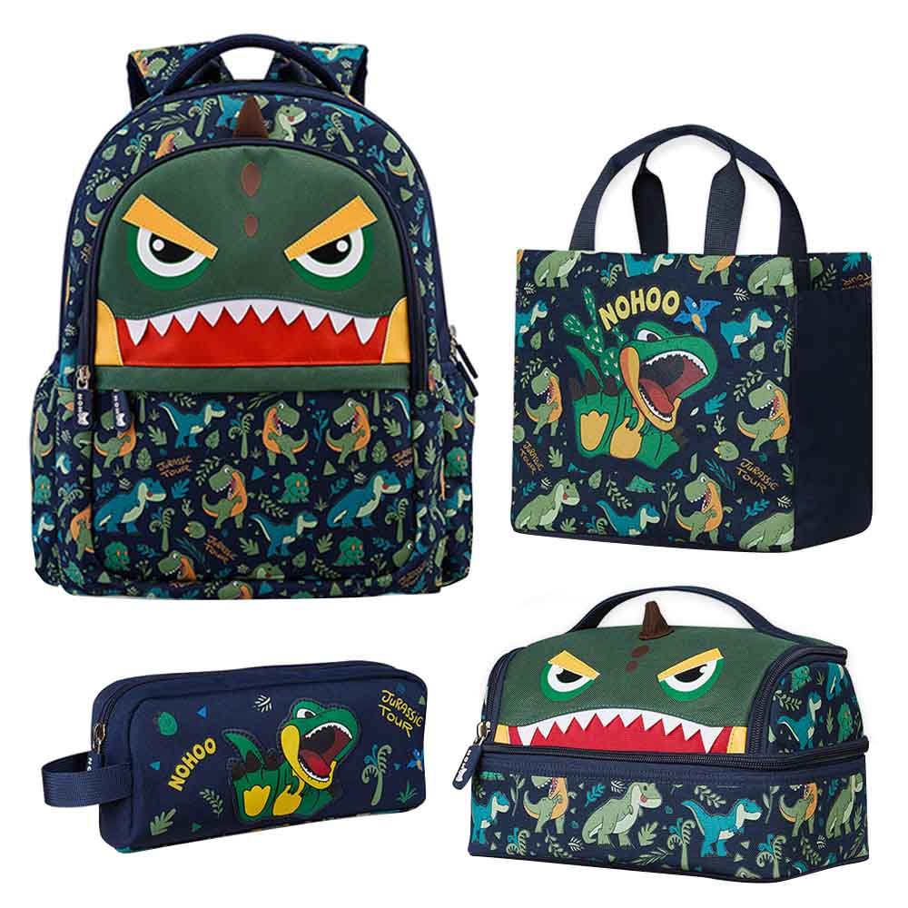 Nohoo - Dino Backpack With Lunch Bag Handbag And Pencil Case - Green - 4pcs - 16.15-Inch