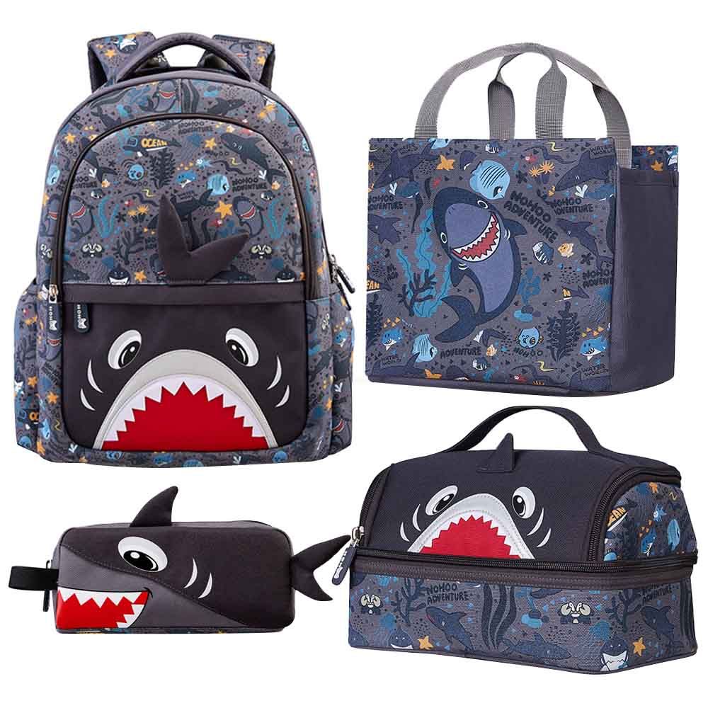 Nohoo - Shark Backpack With Lunch Bag Handbag And Pencil Case - Grey - 4pcs - 16.15-Inch