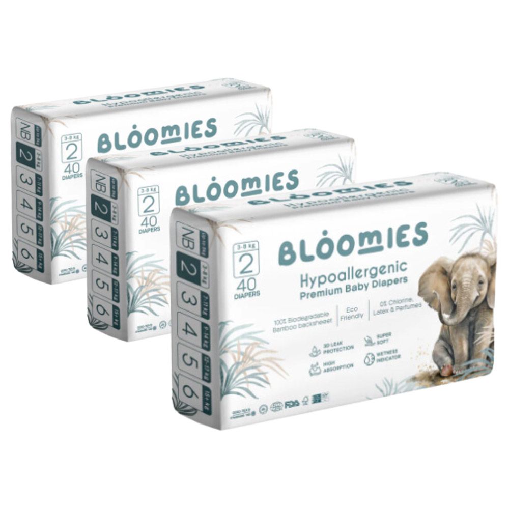 Bloomies - Bamboo Baby Diapers - 3-8 kg - Size 2 - Pack of 3 - 120pcs