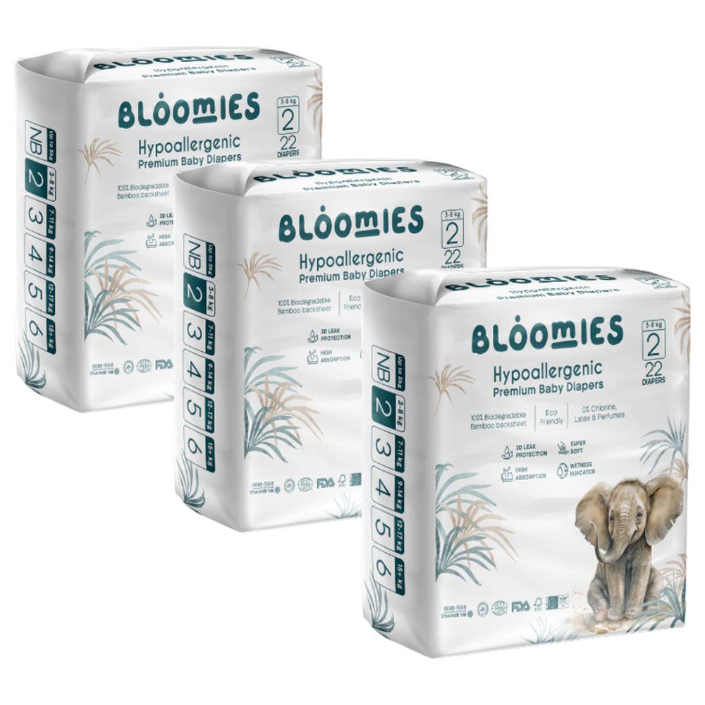 Bloomies - Bamboo Baby Diapers - 3-8 kg - Size 2 - Pack of 3 - 66pcs