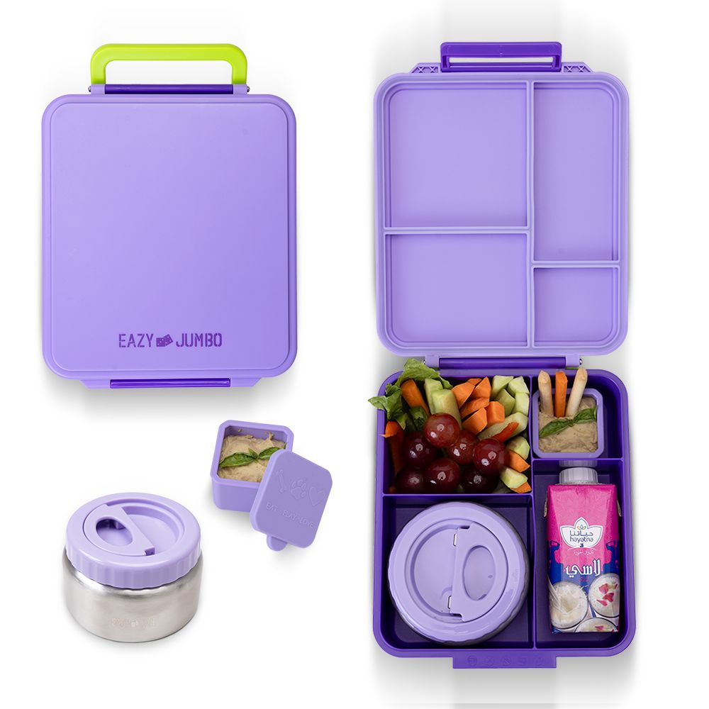 Eazy Kids - 4 Compartment Jumbo Bento Lunch Box With Thermos And Dip Jar - Purple