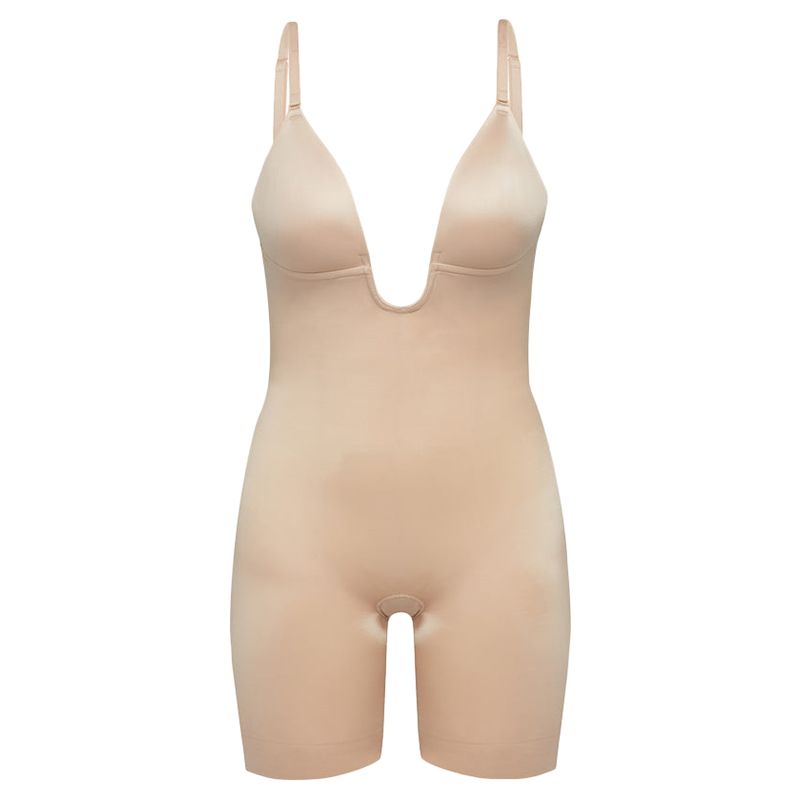 Spanx - Plunge Low-Back Mid-Thigh Bodysuit - Nude