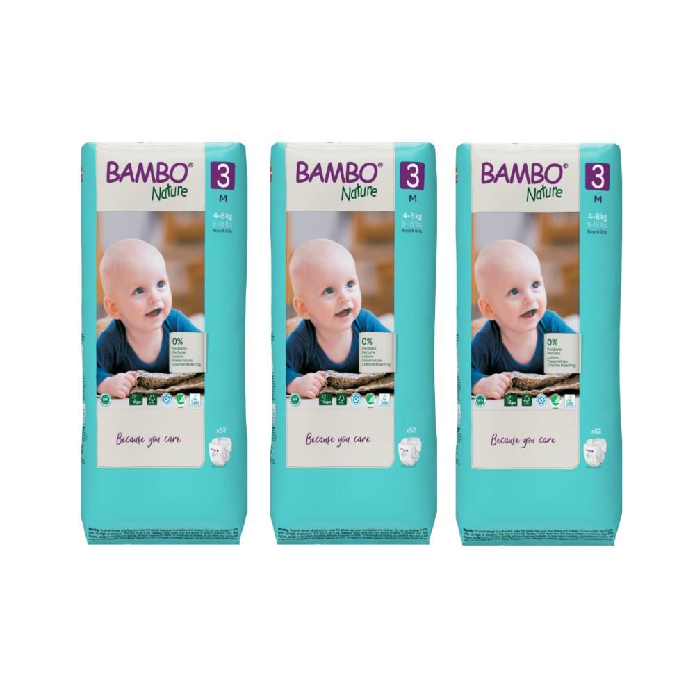 Bambo Nature - Eco-Friendly Diapers, Size 3, 4-8kg 156 pcs, Tall Extra Value Pack