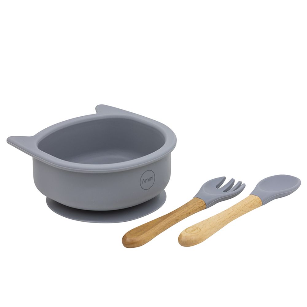 A'ish Home - Kitty Cat Suction Bowl w/ Spoon & Fork - Dusty Blue