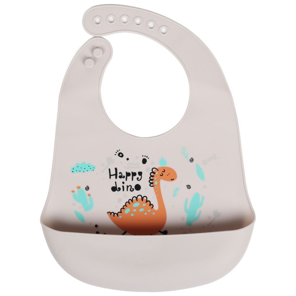 Little Angel - Happy Dino Baby Silicon Bib - Grey