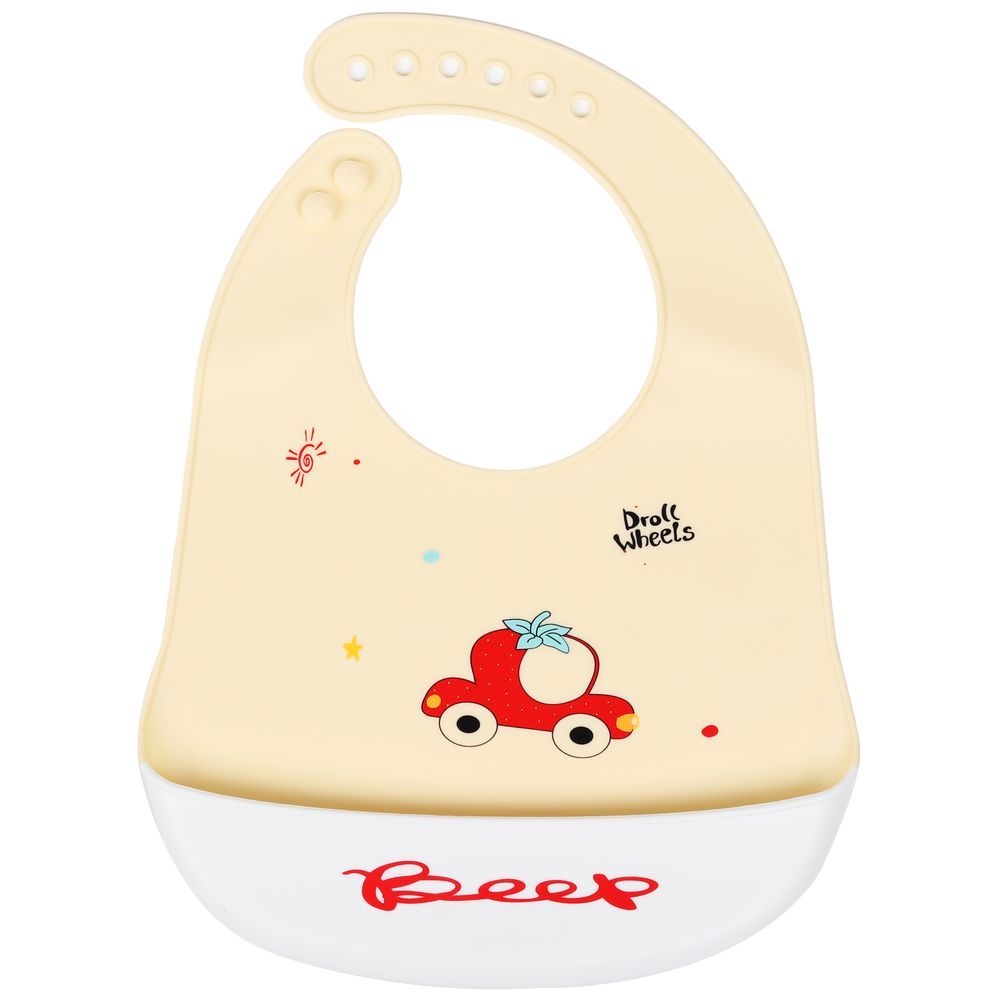 Little Angel - Beep Droll Wheels Baby Silicon Bib - Yellow/White