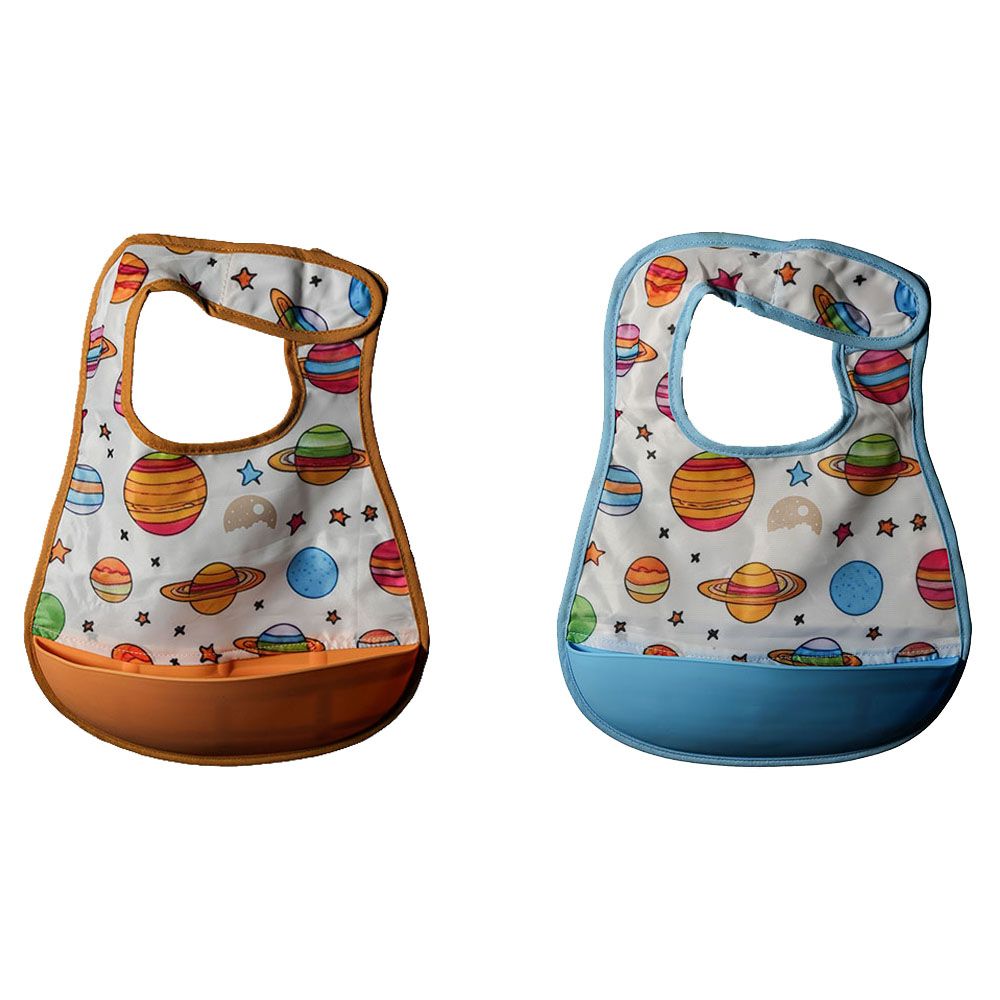 Little Moon - Bib With Silicon Pocket - Blue/Orange - 2 Pcs