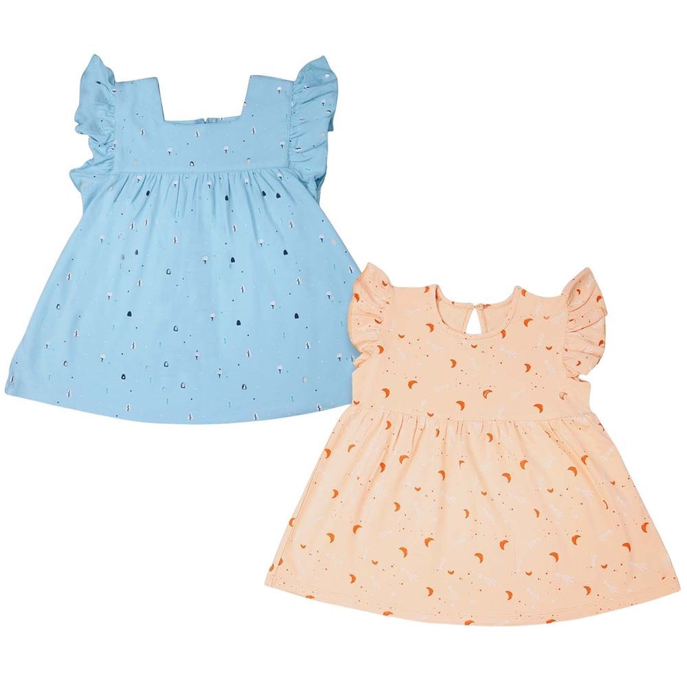 Luay - 2pc-Set - Ultra Soft Ruffled Sleeves Dress - Blue/Orange