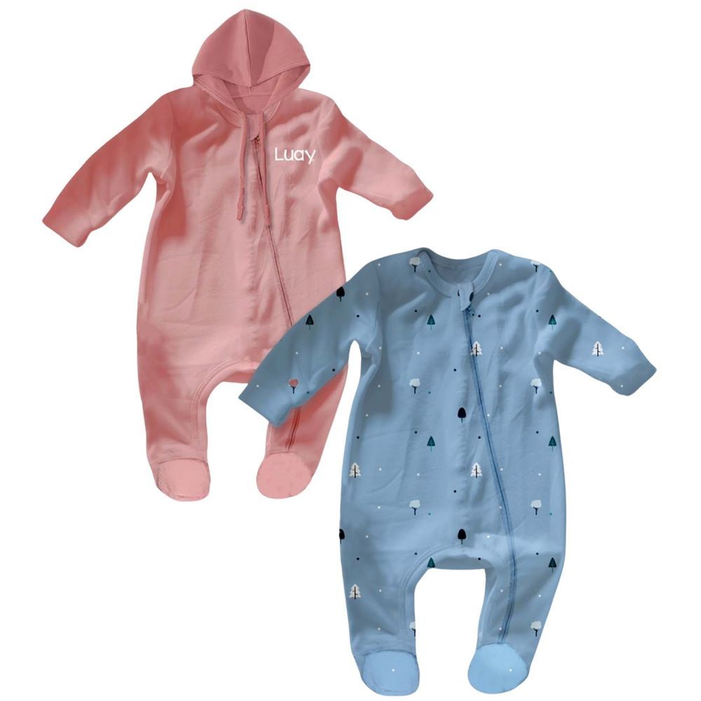 Luay - 2pc-Set - Ultra-Soft Fabric Full Sleeves Romper - Blue/Peach