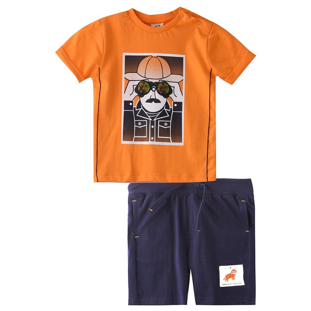 Victor and Jane - 2pc-Set - Baby Boy Jungle Adventure T-Shirt & Shorts Set - Orange/Navy