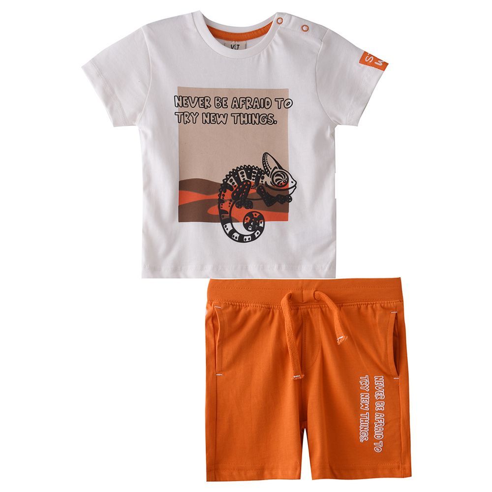 Victor and Jane - 2pc-Set - Baby Boy Printed T-Shirt & Shorts Set - Ivory/Orange