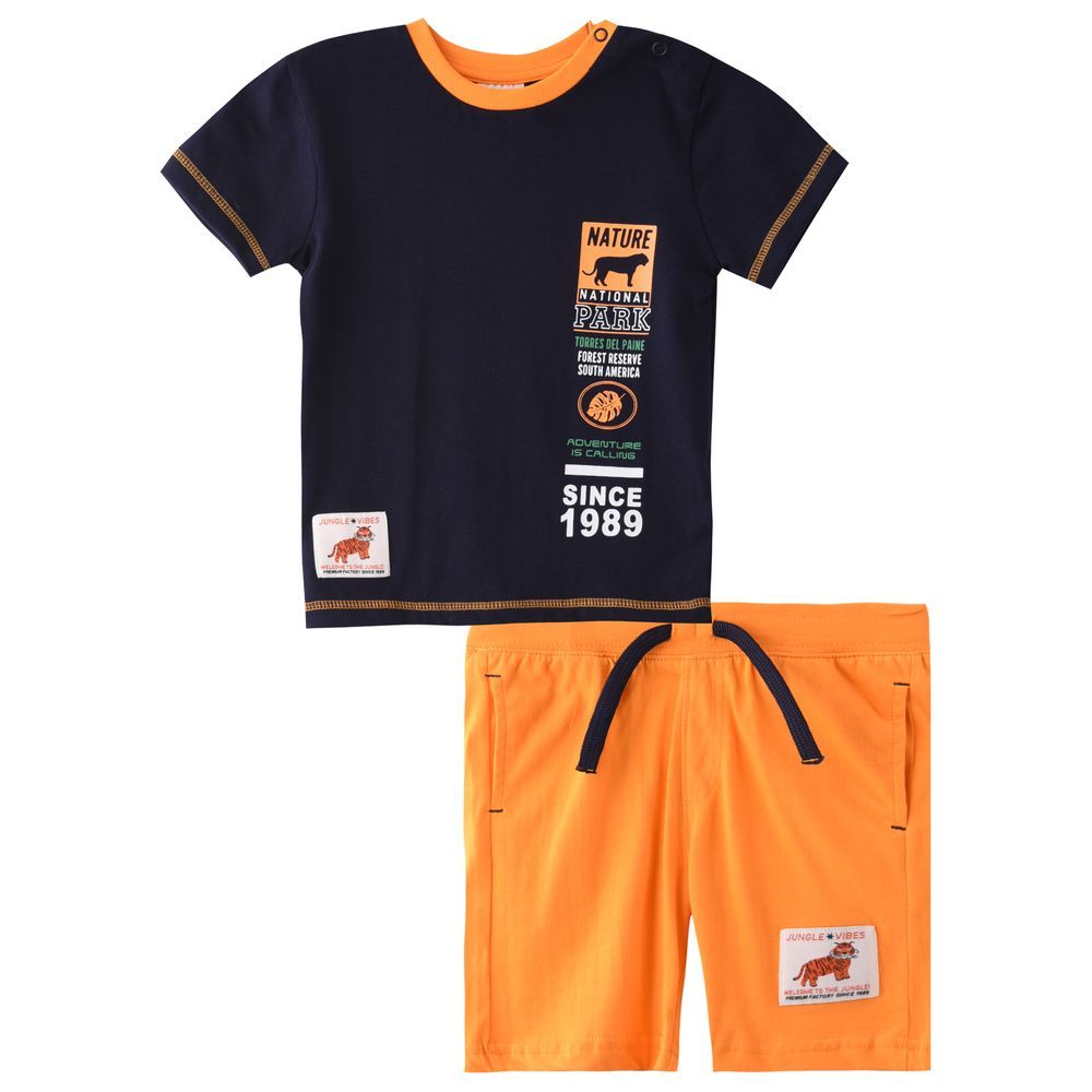 Victor and Jane - 2pc-Set - Baby Boy Stay Wild Adventure T-Shirt & Shorts Set - Navy/Orange