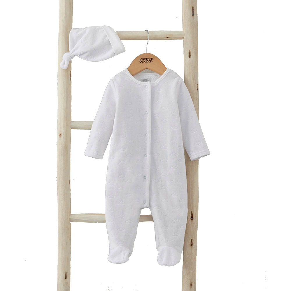 Mamas & Papas - 2pc-Set - Cloud Velour Jumpsuit And Hat - White