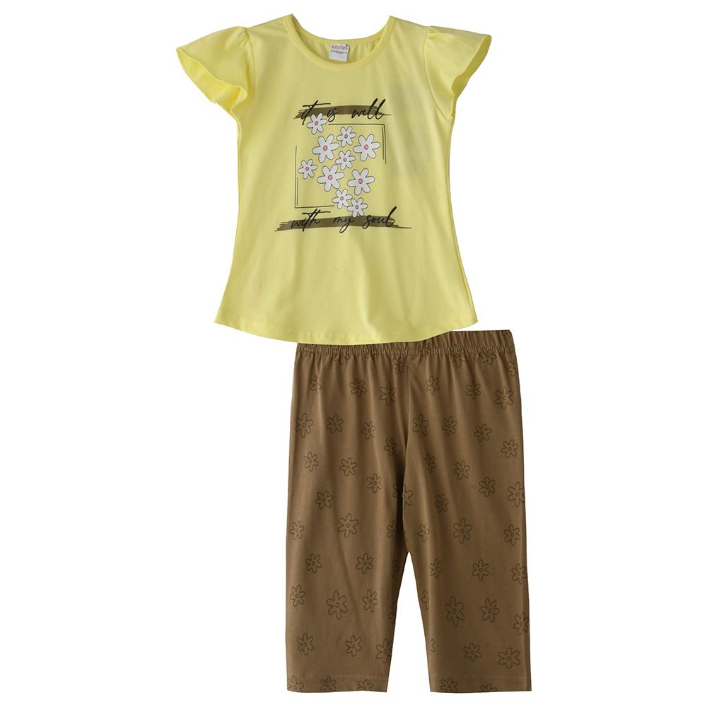 Genius - 2pc-set - Girl Half sleeves T-shirt and Capri - Lime/Brown