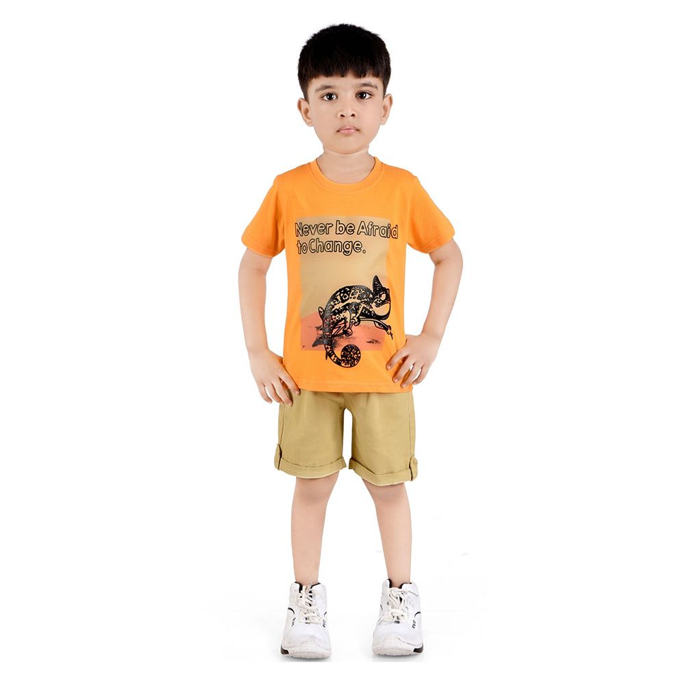 Genius - 2pc-Set - Boy's Half Sleeve T-Shirt w/ Bermuda Shorts- Orange/Brown