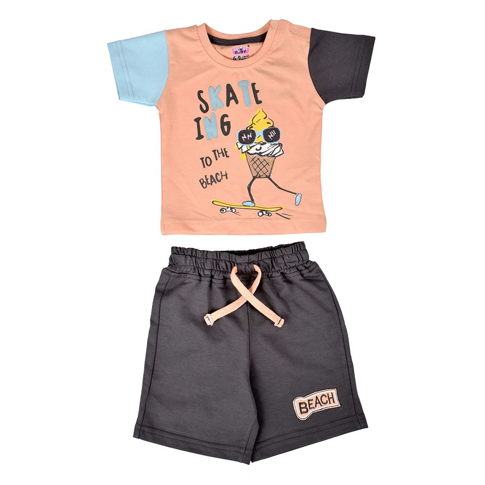 Smart Baby - 2pc-Set - Round Neck Tee w/ Bermuda Shorts - Peach