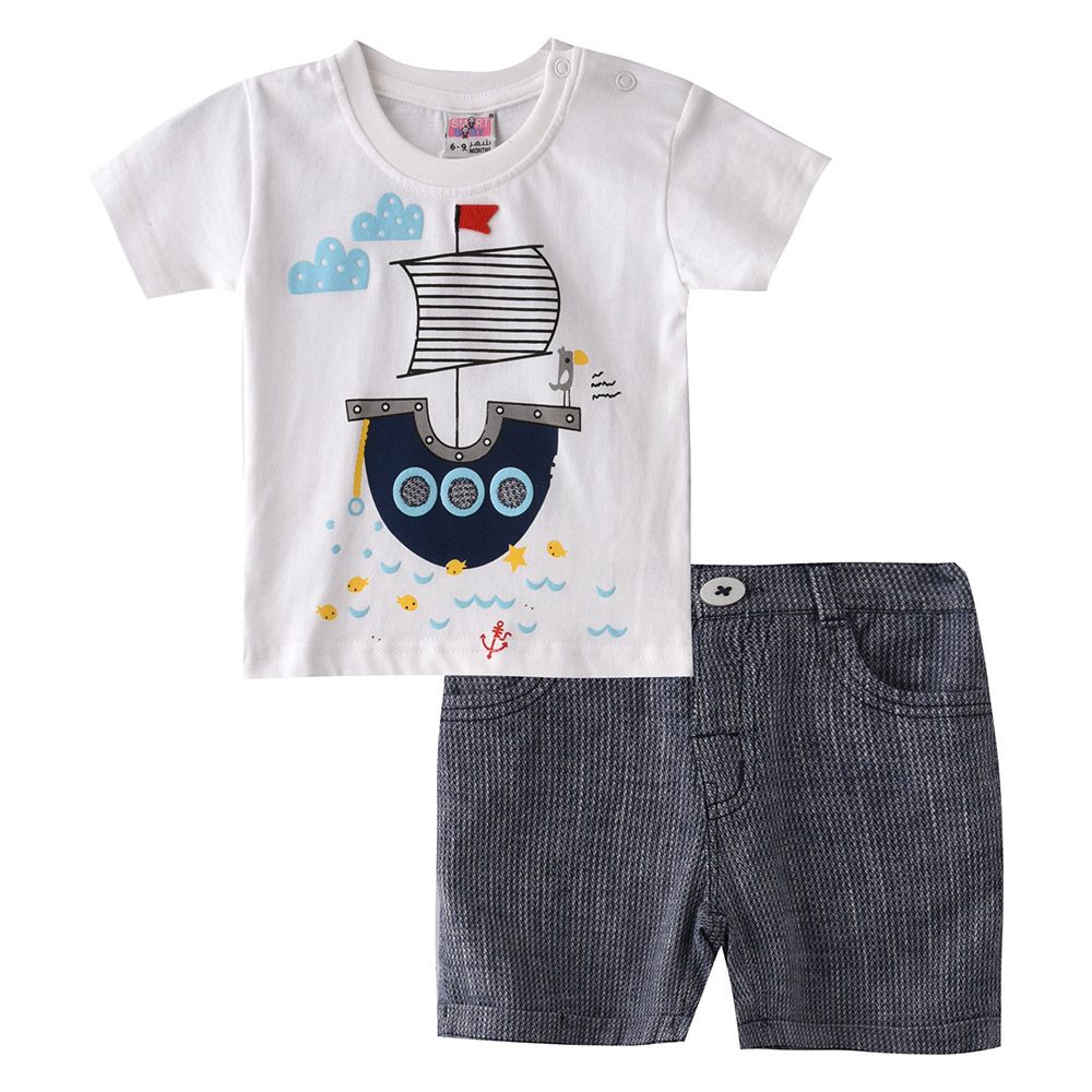 Smart Baby - 2pc-Set - Round Neck T-Shirt w/ Bermuda Shorts - White/Grey