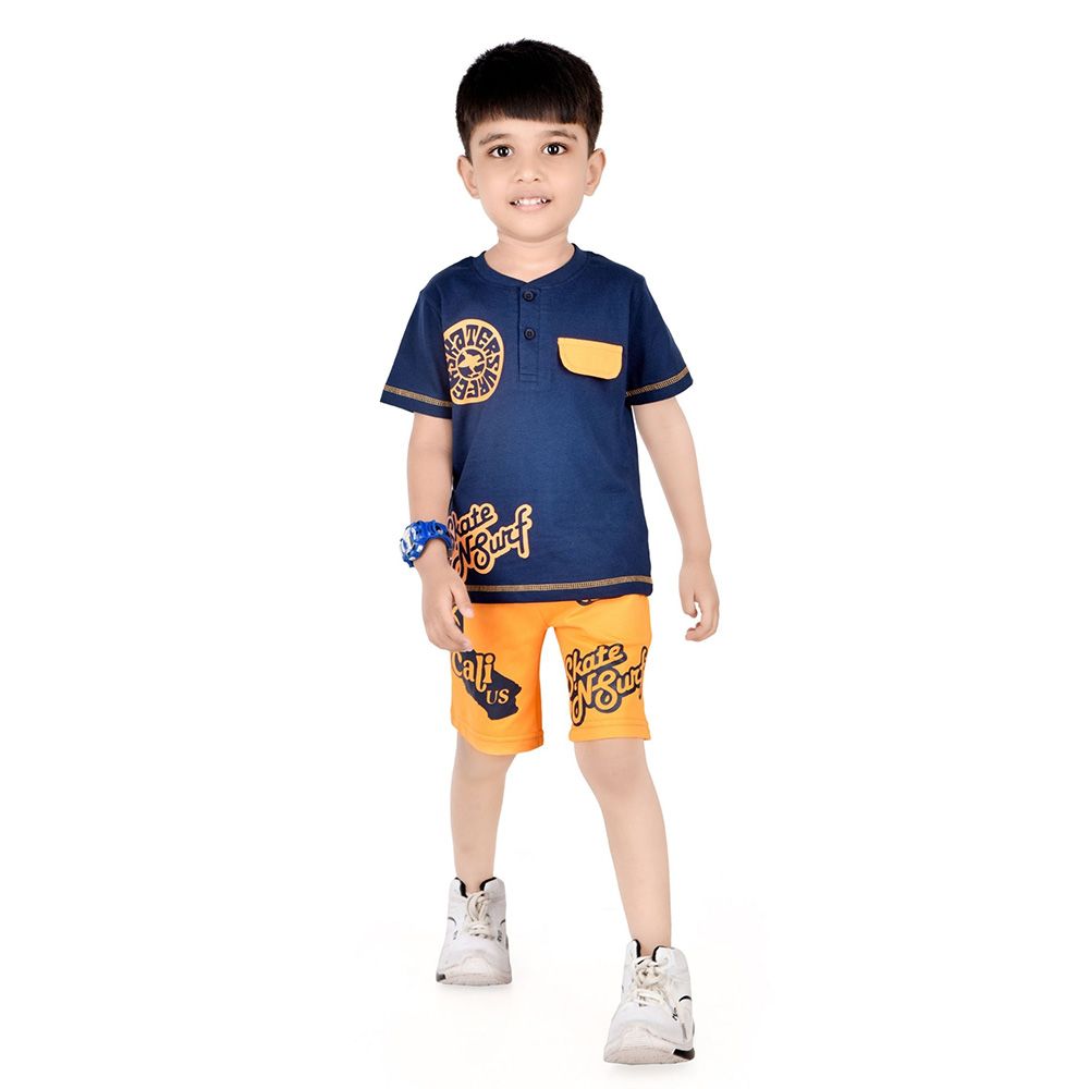 Genius - 2pc-Set - Boy's Skate And Surf T-Shirt w/ Bermuda Shorts- Navy/Orange