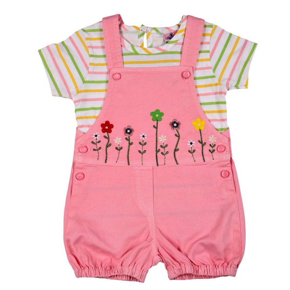 Smart Baby - 2pc-Set - Girl Striped T-Shirt w/ Dungaree - Pink