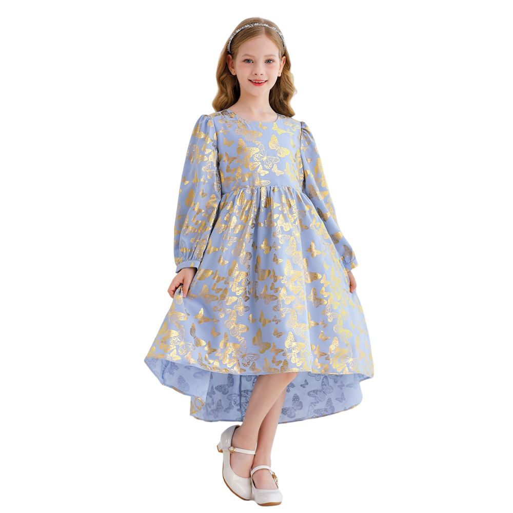 Le Crystal - Girl's Square Neck Full Sleeve Party Dress - Blue