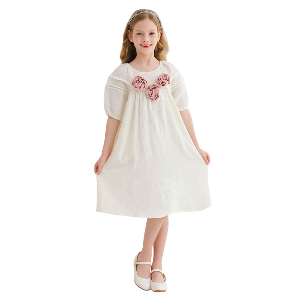 Le Crystal - Girl's Round Neck Half Sleeve Party Dress - Beige