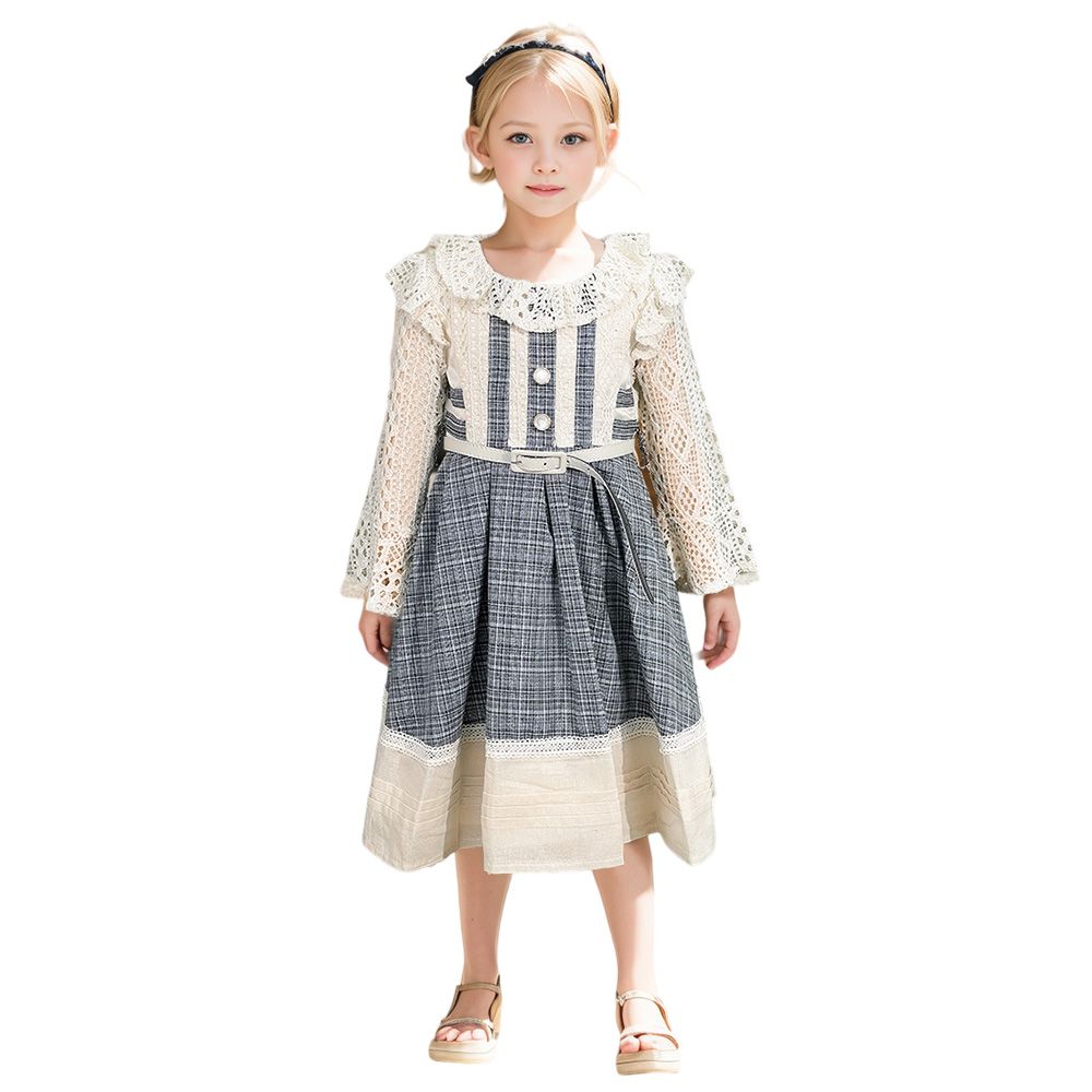 Le Crystal - Girl's Round Neck Full Sleeve Party Dress - Beige/Black