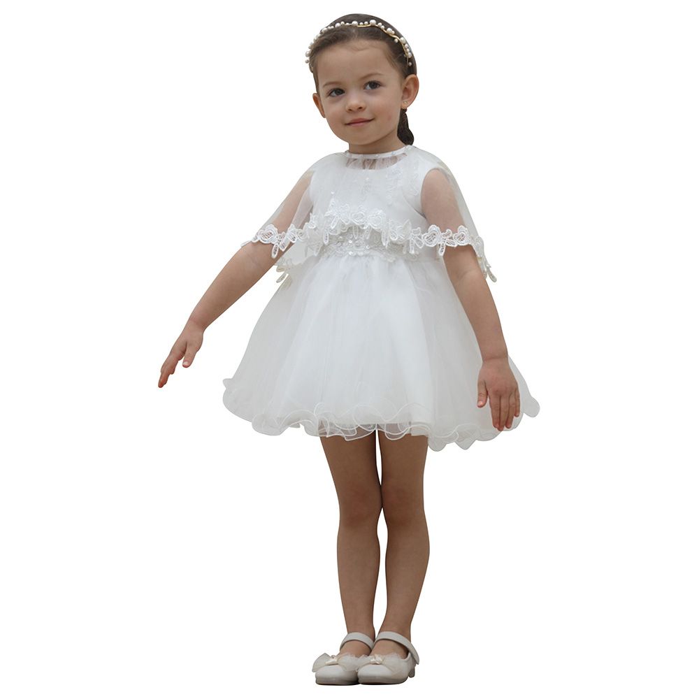 Smart Baby - Baby Girl Sleeveless Party Dress With Cape - White